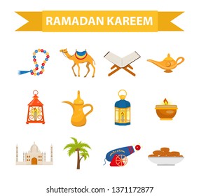 Ramadan kareem flat icon set, cartoon style. Collection of arabic design elements with camel, quran, lanterns, rosary, food, mosque. Vector illustration