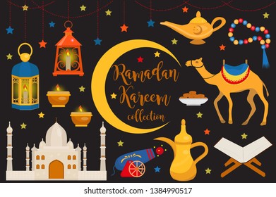 Ramadan kareem flat icon set, cartoon style. Collection of arabic design elements with camel, quran, lanterns, rosary, food, mosque. Vector illustration