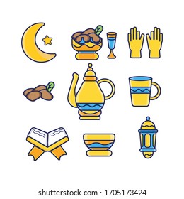 Ramadan kareem flat icon set, cartoon style. Collection of arabic design elements with teapot, date fruits, quran, lanterns, food, mosque, handspray, bowl, cup, moons. illustration.