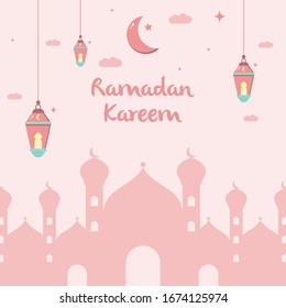 Ramadan Kareem Vektorillustration Design mit Moschee, Laternen, Mond und Wolke in rosa Farbkonzept. Kann für Poster, Banner, Grußkarte, Einladungskarte, Hintergrund, Tapete verwendet werden.