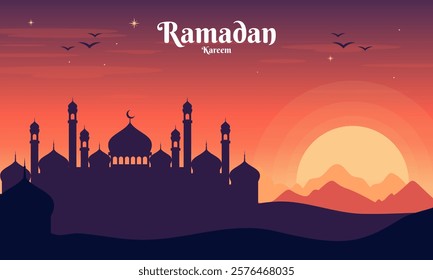 Ramadan Kareem Flat Landscape Background. Beautiful Ramadan Sunset Sky with Islamic Mosque Silhouette. Design Concept for Banner, Poster, Wallpaper, Social Media Post.