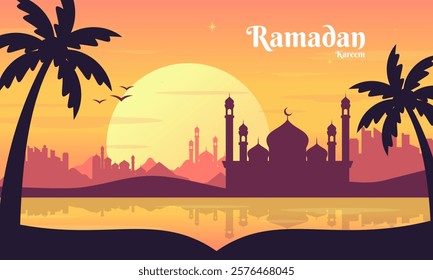 Ramadan Kareem Flat Landscape Background. Beautiful Ramadan Sunset Sky with Islamic Mosque Silhouette. Design Concept for Banner, Poster, Wallpaper, Social Media Post.