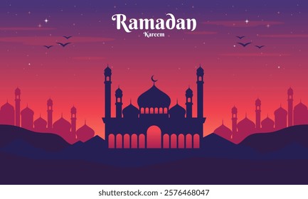 Ramadan Kareem Flat Landscape Background. Beautiful Ramadan Sunset Sky with Islamic Mosque Silhouette. Design Concept for Banner, Poster, Wallpaper, Social Media Post.