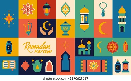 Ramadan Kareem Flat Square Banner. Vector Illustration of Religious Islam Arabic Concept. 