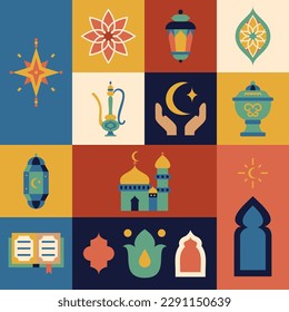 Ramadan Kareem Flat Square Icons. Vector Illustration of Religious Islam Arabic Concept. 