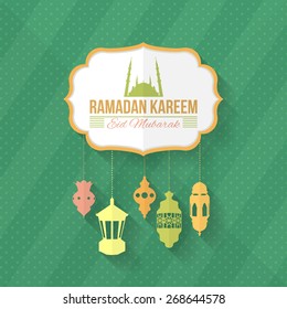 Ramadan Kareem Flat Style Frame- Classic Islamic Holy Nights Theme Vector Design Poster - Arabic "Eid Mubarak", "be Blessed" at English 
