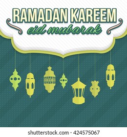Ramadan Kareem, Flat Style Hanging Lanterns. Arabic "Eid Mubarak", "be Blessed" at English 