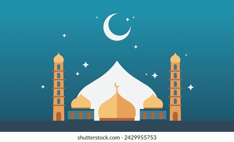 Ramadan kareem flat vector illustration with clouds, mosque, lanterns, crescent moon and stars. Can be used for banners, posters, backgrounds, landing pages, greeting cards, covers, etc.