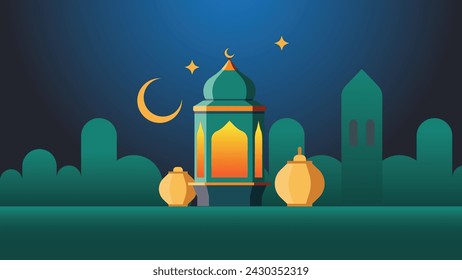 Ramadan kareem flat vector illustration with clouds, mosque, lanterns, crescent moon and stars. Can be used for banners, posters, backgrounds, landing pages, greeting cards, covers, etc.
