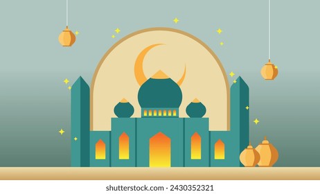 Ramadan kareem flat vector illustration with clouds, mosque, lanterns, crescent moon and stars. Can be used for banners, posters, backgrounds, landing pages, greeting cards, covers, etc.