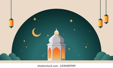Ramadan kareem flat vector illustration with clouds, mosque, lanterns, crescent moon and stars. Can be used for banners, posters, backgrounds, landing pages, greeting cards, covers, etc.