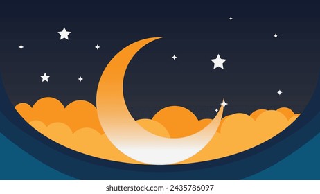 Ramadan kareem flat vector illustration with clouds, mosque, lanterns, crescent moon and stars. Can be used for banners, posters, backgrounds, landing pages, greeting cards, covers, etc.