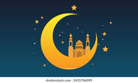 Ramadan kareem flat vector illustration with clouds, mosque, lanterns, crescent moon and stars. Can be used for banners, posters, backgrounds, landing pages, greeting cards, covers, etc.