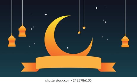 Ramadan kareem flat vector illustration with clouds, mosque, lanterns, crescent moon and stars. Can be used for banners, posters, backgrounds, landing pages, greeting cards, covers, etc.