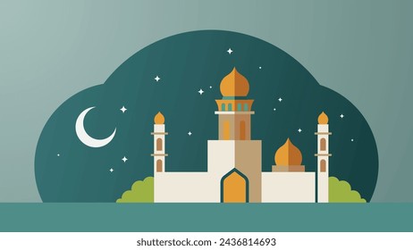 Ramadan kareem flat vector illustration with clouds, mosque, lanterns, crescent moon and stars. Can be used for banners, posters, backgrounds, landing pages, greeting cards, covers, etc.