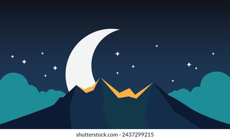 Ramadan kareem flat vector illustration with clouds, crescent moon and stars. Can be used for banners, posters, backgrounds, landing pages, greeting cards, covers, etc.