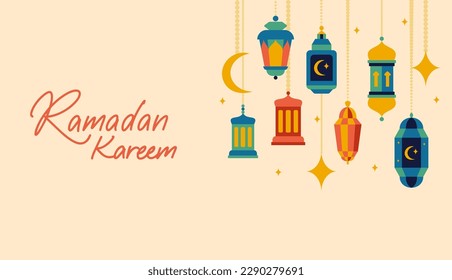 Ramadan Kareem Flat Web Banner. Vector Illustration of Religious Islam Arabic Concept. 