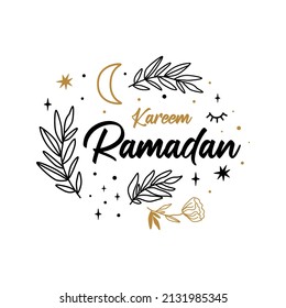 Ramadan Kareem floral banner. crescent, star, flower branch isolated graphic element. Celestial islamic letering design. Symbol for Ramadan Kareem. Gold muslim vector illustration. Arabic holiday.