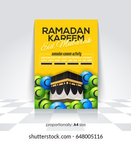 Ramadan Kareem Flyer, Islamic Holy Theme Vector Design, A4 Design - Arabic "Eid Mubarak", "be Blessed" at English