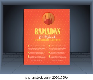 Ramadan Kareem Flyer Poster - Islamic Holy Nights Theme Vector Design - "Eid Mubarak" Arabic "be Blessed" in English - Arabic "Lorem Ipsum" Text