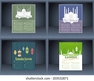Ramadan Kareem Flyer Poster - Islamic Holy Nights Theme Vector Design - "Eid Mubarak" Arabic "be Blessed" in English - Arabic "Lorem Ipsum" Text