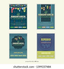 Ramadan Kareem Flyer Template Set. Islamic Holy Theme Vector Design, A4 Design, Ad or Announcement Collection  - Arabic Text "Allah" and "Eid Mubarak", "be Blessed" at English
