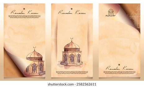 Ramadan Kareem folding paper watercolor mosque sketch islamic background for banner and greeting card