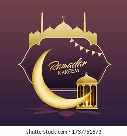 Ramadan Kareem Font in Arabic Frame with Silhouette Mosque, 3D Crescent Moon and Illuminated Lantern on Gradient Purple Background.