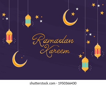Ramadan Kareem Font With Crescent Moon, Stars And Lanterns Hang On Purple Background.