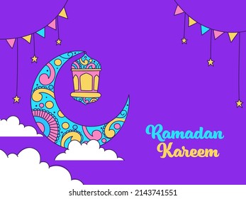 Ramadan Kareem Font With Crescent Moon, Lanterns, Stars Hang, Clouds And Bunting Flags Decorated On Violet Background.