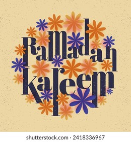 Ramadan Kareem Font Decorated Orange and Purple Flower for Islamic Festival Greeting Card or Sticker.