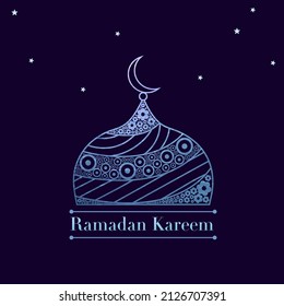 Ramadan Kareem Font With Doodle Mosque Dome And Stars Decorated On Purple Background.
