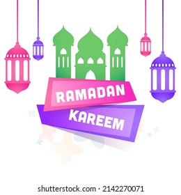 Ramadan Kareem Font With Flat Mosque, Arabic Lanterns Hang On White Background.