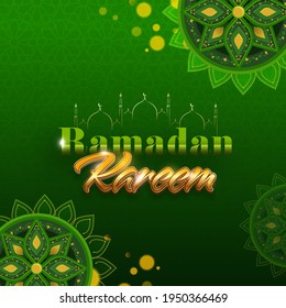 Ramadan Kareem Font With Line Art Mosque On Green Islamic Pattern Background.