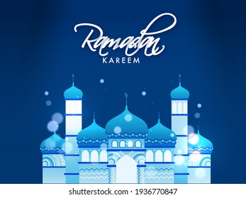 Fuente Ramadan Kareem Con Ilustración De Mezquita Y Efecto Bokeh En Fondo Azul.