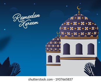 Ramadan Kareem Font With Mosque Illustration And Leaves On Blue Background.