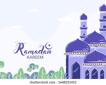 Ramadan Kareem Font with Mosque and Tree on White Background.