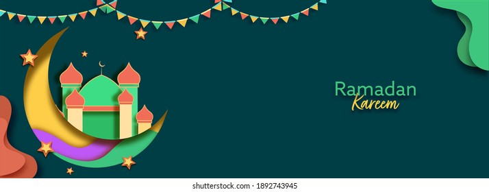 Ramadan Kareem Font With Paper Cut Crescent Moon, Mosque, Stars And Bunting Flags On Green Background.