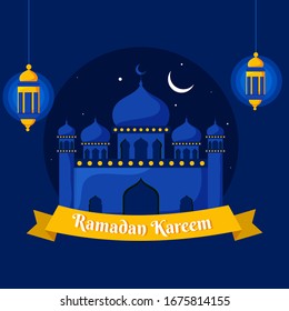 Ramadan Kareem Font in Yellow Ribbon with Mosque, Crescent Moon and Hanging Illuminated Lanterns on Blue Background.