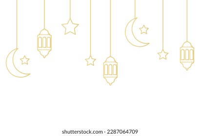 Marco de Ramadan Kareem con linterna dorada, media luna, estrella, lámpara. Saludando a la guirnalda colgando baudibles íconos de oro. Cartel del festival musulmán. Diseño de celebración árabe. La decoración islámica. Ilustración del vector