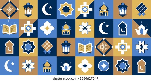 Ramadan Kareem Frame. Islamic Art-Inspired Background. Featuring Symbols of Ramadan Mubarak, Suspended Golden Lanterns, Arabic Lamps, Crescent Moon, Stars.