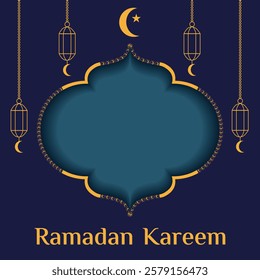 Ramadan Kareem Frame template design. Blank arabic holiday Frame with lanterns and crescent. Minimal vector Mubarak Frame for postcard poster cover. EPS 10	