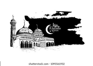 Ramadan Kareem free hand drawing sketch of mosque in black brush. Vector illustration for banner, template, flyer and poster