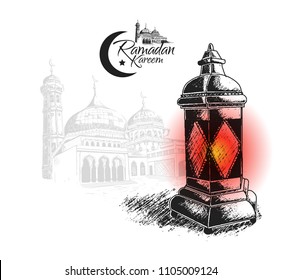 Ramadan Kareem free hand drawing sketch of lantern red light with white background. Vector illustration for ramadan poster, flyer, greeting card, banner and template