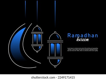 Ramadan Kareem Frontpage Design Line Art Background Bild, Halbmond, Laterne, Islamisches Hintergrundbild, Linie Art Vektorgrafik, einzeln auf schwarzem Hintergrund.