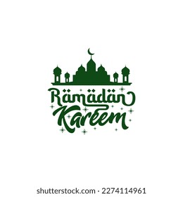 Ramadan Kareem, fun word text art with green mosque