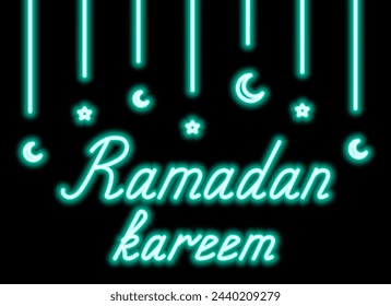 Ramadan Kareem. Garland of crescent and star. Neon turquoise holiday text. Color vector illustration. Isolated black background. Congratulations on Ramadan. Idea for web design.