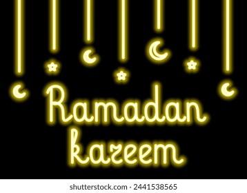 Ramadan Kareem. Garland of crescent and star. Neon gold handwritten text. Color vector illustration. Isolated black background. Congratulations on Ramadan. Idea for web design.