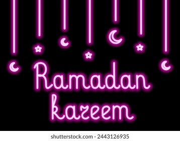 Ramadan Kareem. Garland of crescent and star. Neon pink handwritten text. Color vector illustration. Isolated black background. Congratulations on Ramadan. Idea for web design.