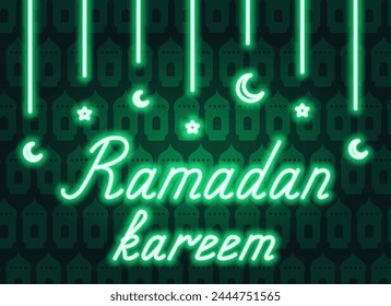 Ramadan Kareem. Garland of crescent and star. Neon green handwritten text. Color vector illustration. Background of green lanterns. Congratulations on Ramadan. Idea for web design.